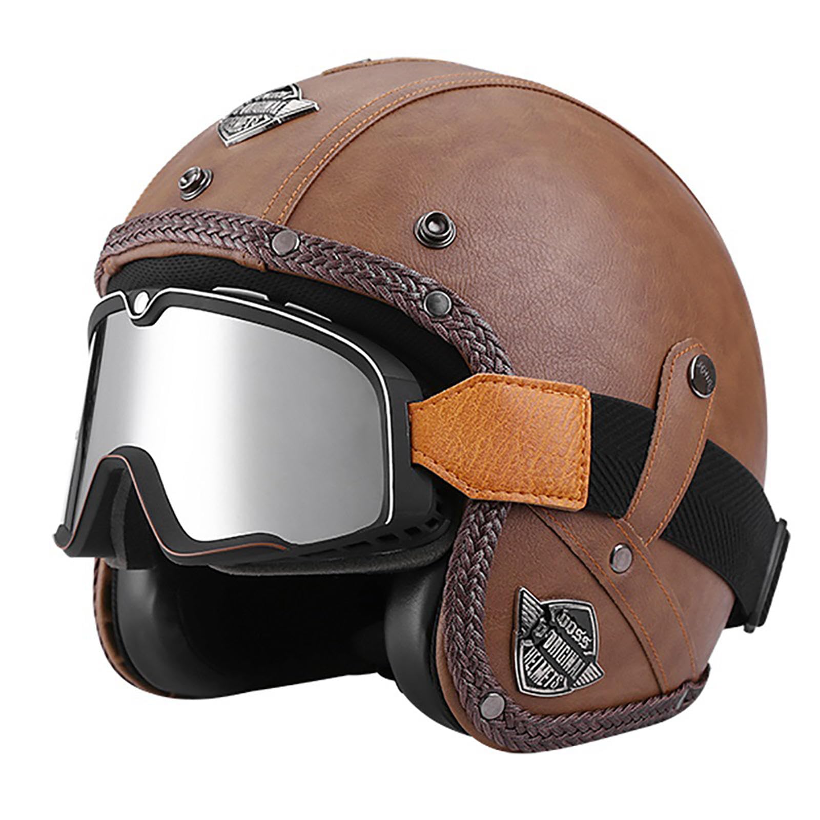 Motorradhelm, Halbhelm Retro Harley Lederhelm Mofa-Helm Motorradhelm 3/4-Helm Jethelm Vintage-Pilotenhelm ECE Zertifiziert Cruiser Chopper Roller mit Schutzbrille,O-XL=(61~62cm) von EBAYIN