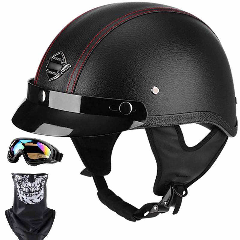 Motorradhelm Lederhelm Jethelme Retro Leder-Helm Vintage Mopedhelm Mit Brille Motorradkreuzer-Rollerhelm im Deutschen Stil ECE-Zertifizierung von EBAYIN