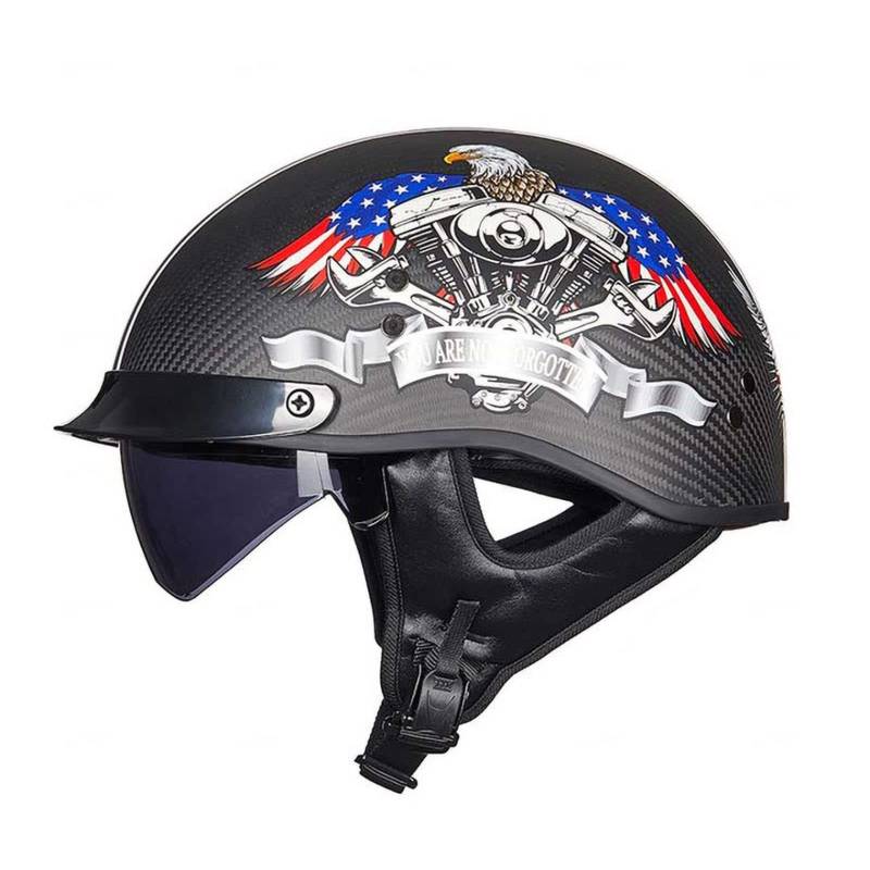 Motorradhelm Retro Jethelm Elektrofahrzeug Scooter DOT ECE-Zugelassener Karbonfaser-Halbhelm Mit Schnellverschluss Schutzhelm Mit Integriertem Visier,I-XL=（61~62cm） von EBAYIN