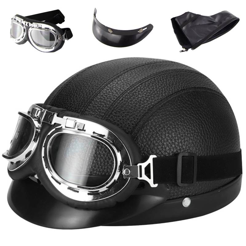 Motorradhelm Retro Leder Halbhelme Halbschale Jet-Helm Mit Fliegerbrille Motorrad Brain-Cap Halbschalenhelm Roller-Helm Mofa-Für Helm Herren Damen Mopedhelm Halber Jethelm ECE-Zertifiziert von EBAYIN