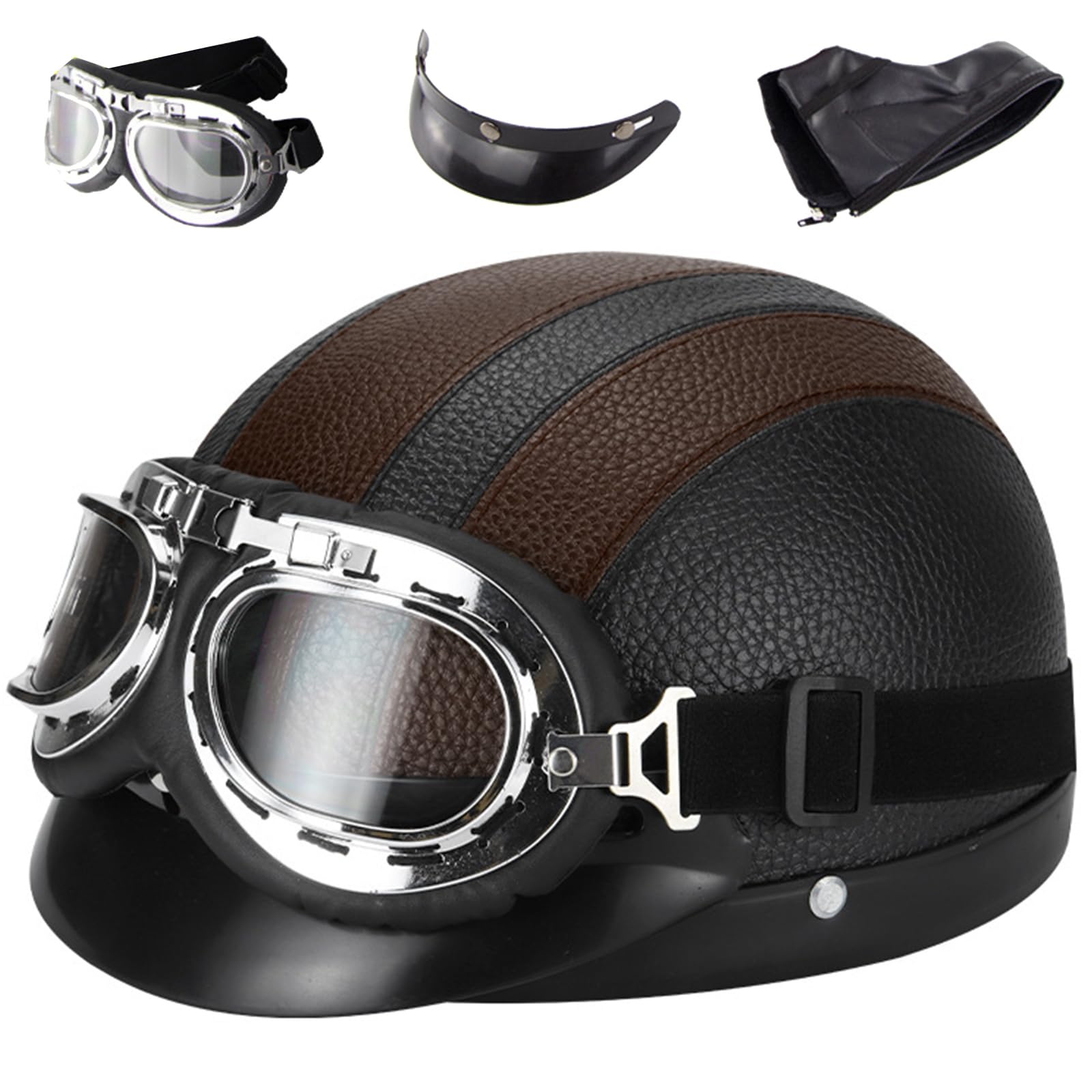 Motorradhelm Retro Leder Halbhelme Halbschale Jet-Helm Mit Fliegerbrille Motorrad Brain-Cap Halbschalenhelm Roller-Helm Mofa-Für Helm Herren Damen Mopedhelm Halber Jethelm ECE-Zertifiziert von EBAYIN