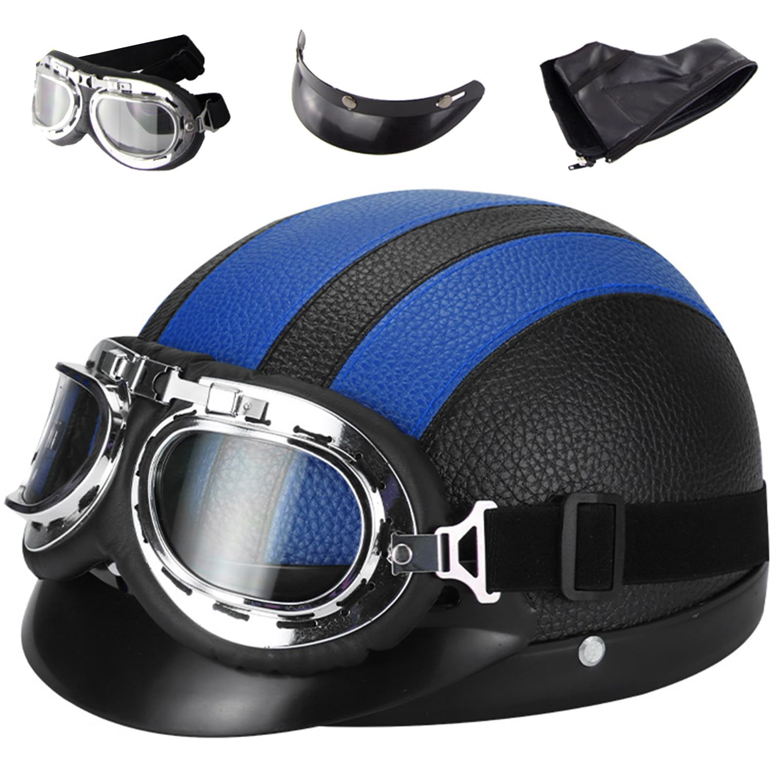 Motorradhelm Retro Leder Halbhelme Halbschale Jet-Helm Mit Fliegerbrille Motorrad Brain-Cap Halbschalenhelm Roller-Helm Mofa-Für Helm Herren Damen Mopedhelm Halber Jethelm ECE-Zertifiziert von EBAYIN