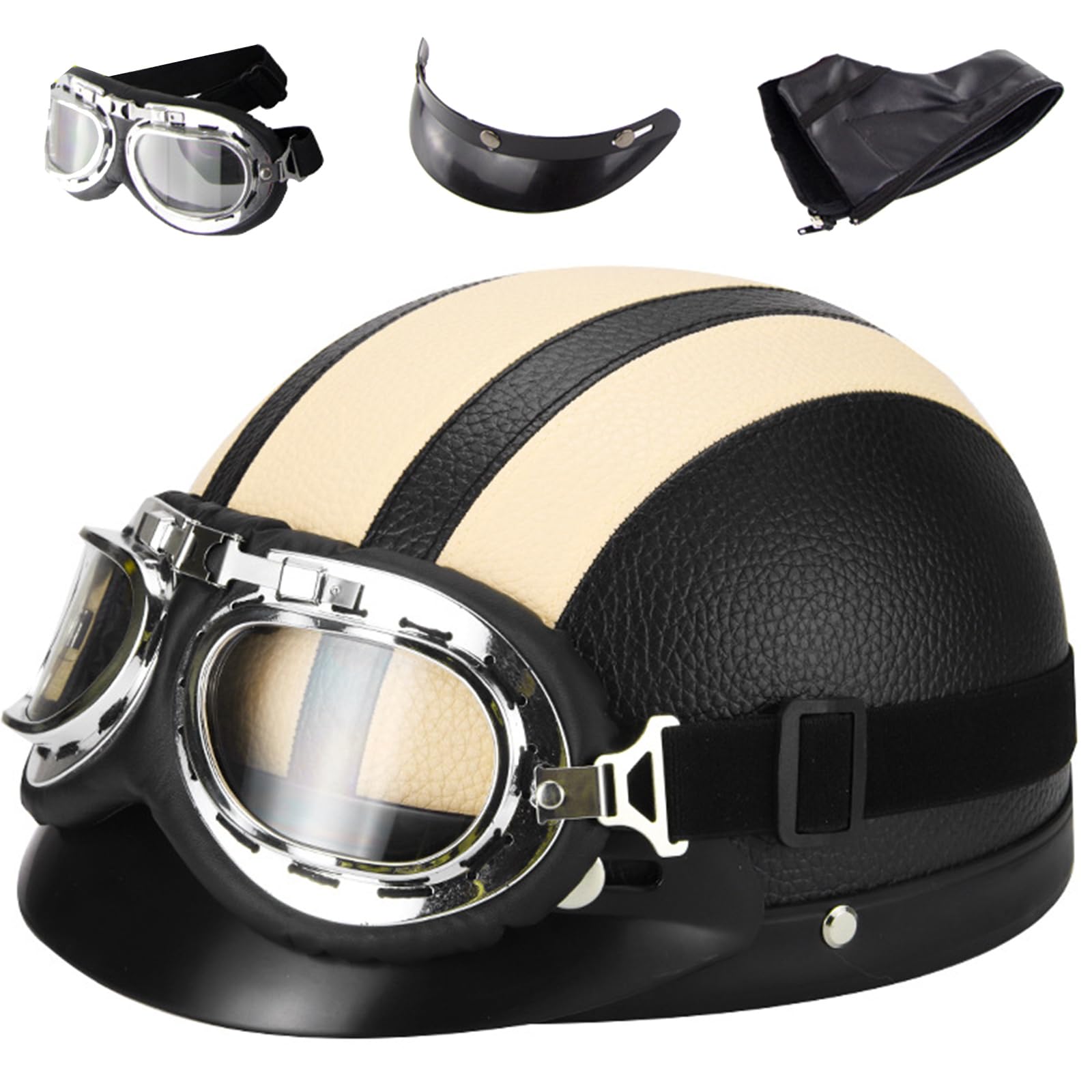 Motorradhelm Retro Leder Halbhelme Halbschale Jet-Helm Mit Fliegerbrille Motorrad Brain-Cap Halbschalenhelm Roller-Helm Mofa-Für Helm Herren Damen Mopedhelm Halber Jethelm ECE-Zertifiziert von EBAYIN