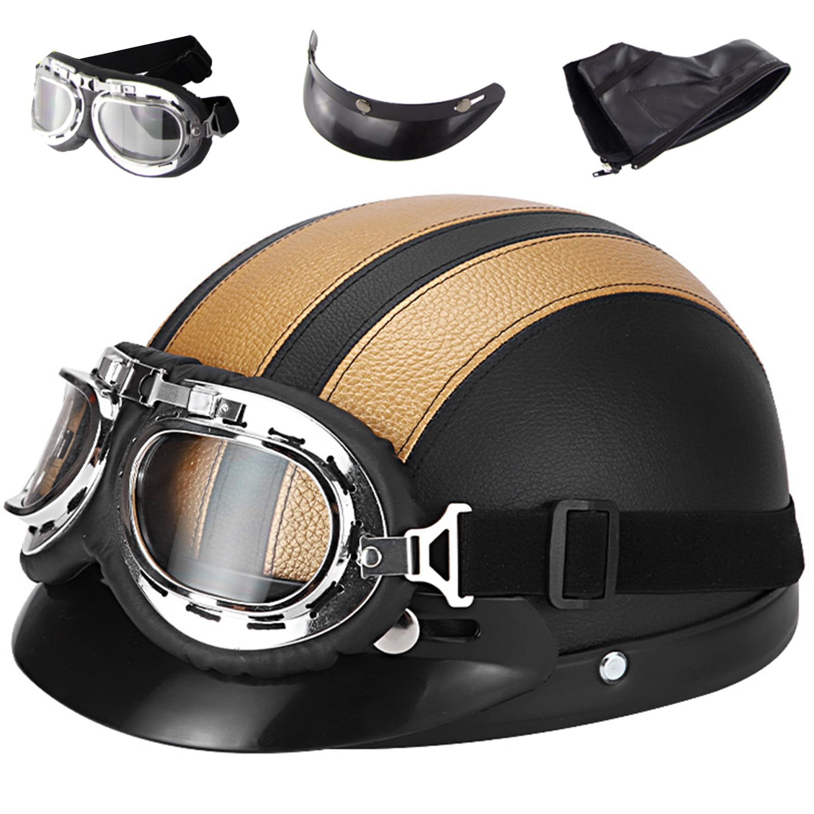 Motorradhelm Retro Leder Halbhelme Halbschale Jet-Helm Mit Fliegerbrille Motorrad Brain-Cap Halbschalenhelm Roller-Helm Mofa-Für Helm Herren Damen Mopedhelm Halber Jethelm ECE-Zertifiziert von EBAYIN