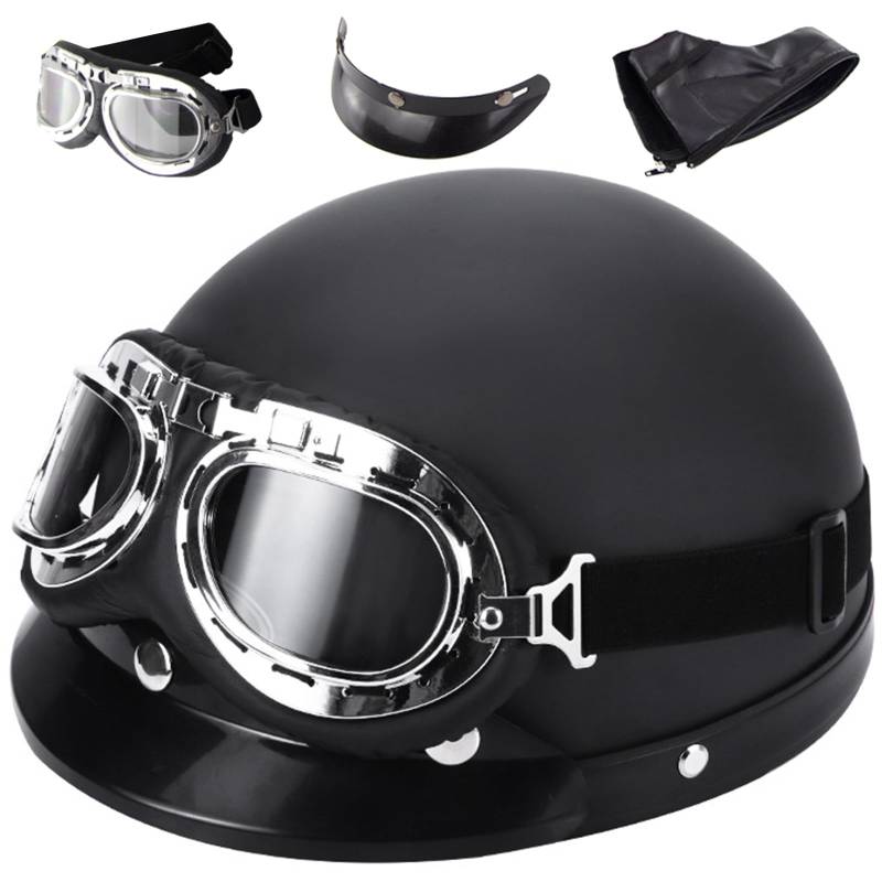 Motorradhelm Retro Leder Halbhelme Halbschale Jet-Helm Mit Fliegerbrille Motorrad Brain-Cap Halbschalenhelm Roller-Helm Mofa-Für Helm Herren Damen Mopedhelm Halber Jethelm ECE-Zertifiziert von EBAYIN