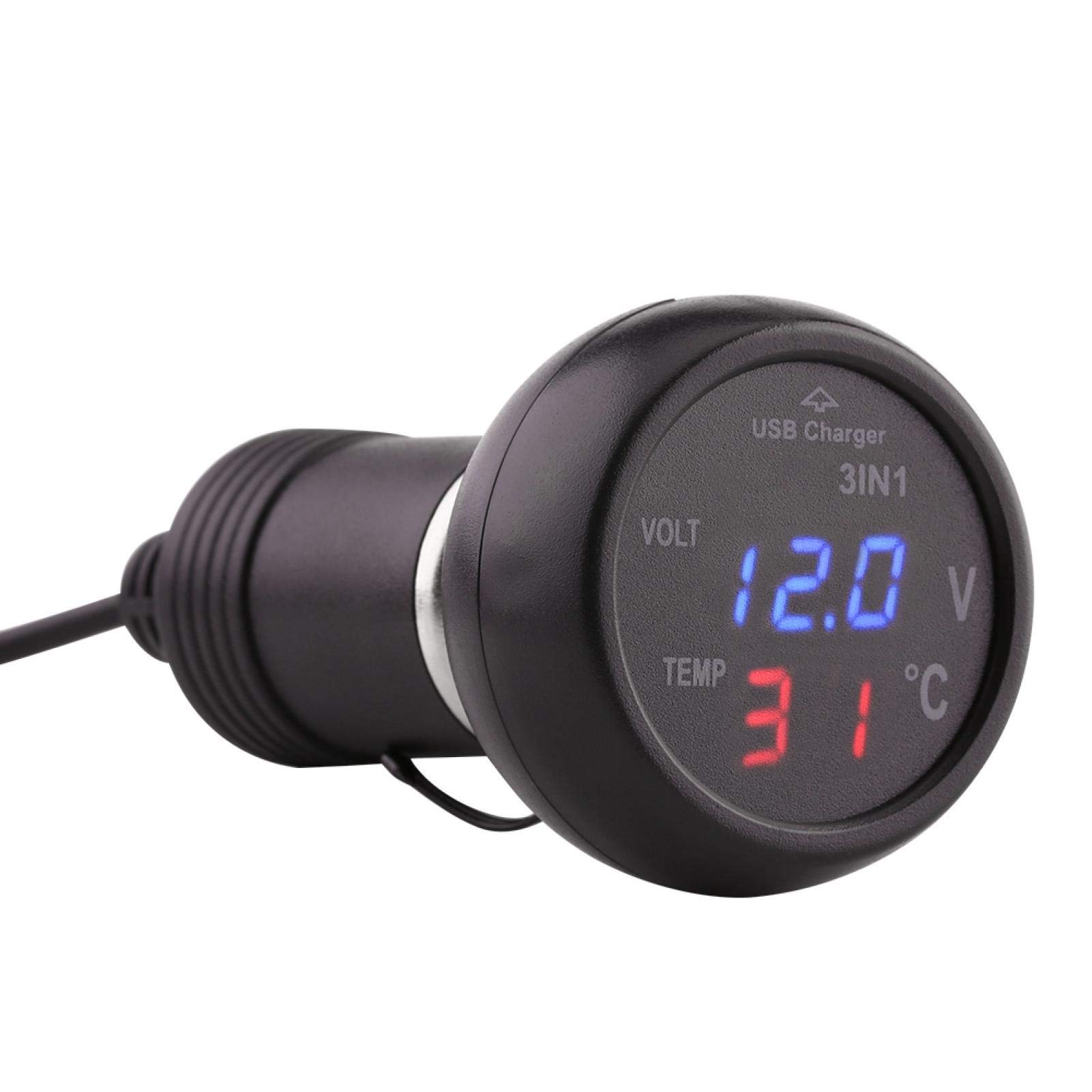 3-in-1-USB-Autoladegerät Voltmeter-Adapter Auto LKW 3in1 Dual LED Digitalanzeige Voltmeter Thermometer Zigarettenanzünder USB Autoladegerät 12-24V(Blau+Rot) von EBTOOLS