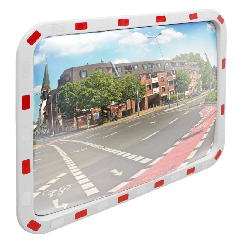 ECD Germany Verkehrsspiegel rechteckig 60x80 cm Reflektoren weiß-rot und Halterung, ABS-Kunststoff, wetterfest, unzerbrechlich, Sicherheitsspiegel Überwachungsspiegel Beobachtungsspiegel Konvexspiegel von ECD Germany