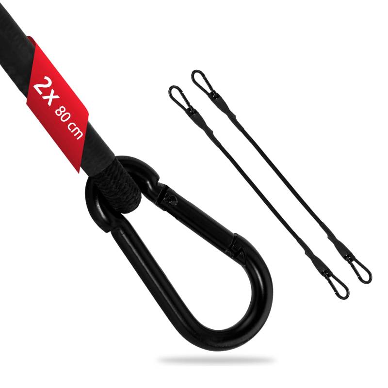 ECENCE 2er Set Spanngummi mit Karabiner aus Edelstahl, Expander mit Haken 80cm in Schwarz Latex Spanngurte, Gepäckspanner für Fahrrad, Auto, Gepäck, Ladung von ECENCE