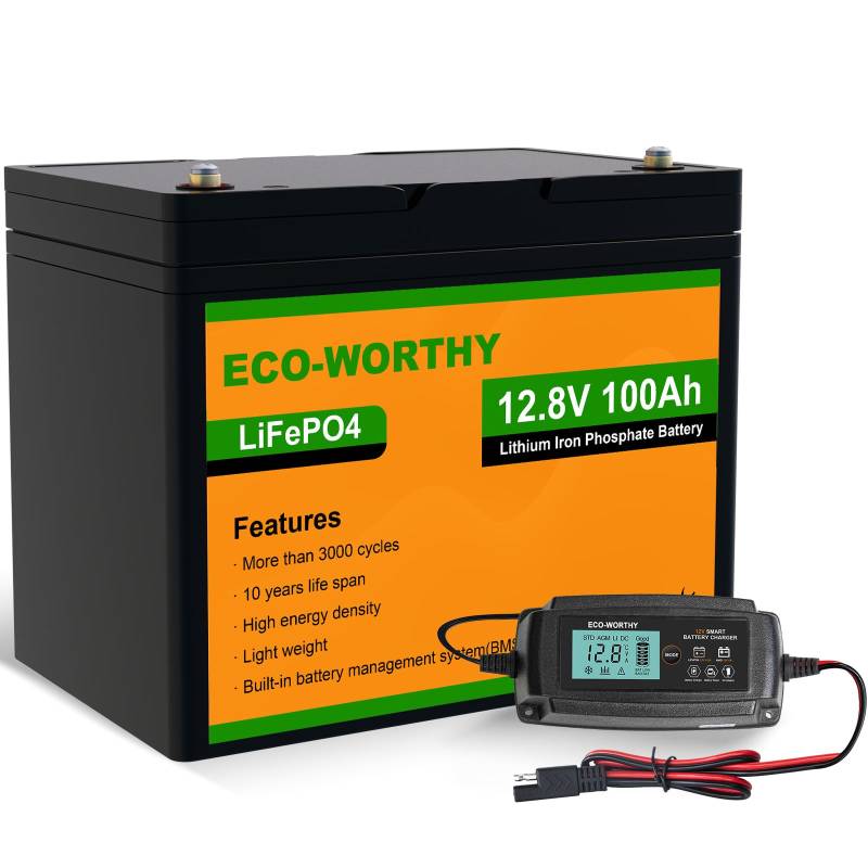 ECO-WORTHY 12.8V 100Ah LiFePO4 Akku mit 5A Ladegeräte,LiFePO4 100AH mit BMS Low Temperature Schutz und 3000 Mal Tiefzyklen für Solaranlage, Wohnmobil,Boot,Haushalt, Solarpanel,Camping von ECO-WORTHY