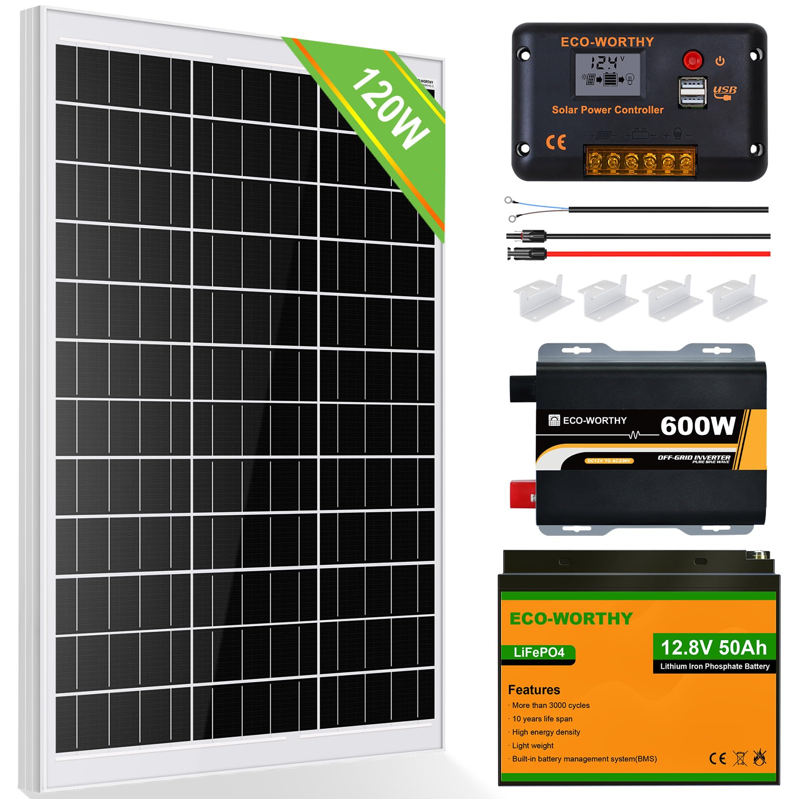 ECO-WORTHY 120W 12V Solarpanel Kit 0,5 kWh/Tag: 120 W Monokristallines Solarpanel + 50Ah LiFePO4 Lithium Batterie + 600W Wechselrichter + 30A Solarladeregler für Wohnmobile von ECO-WORTHY