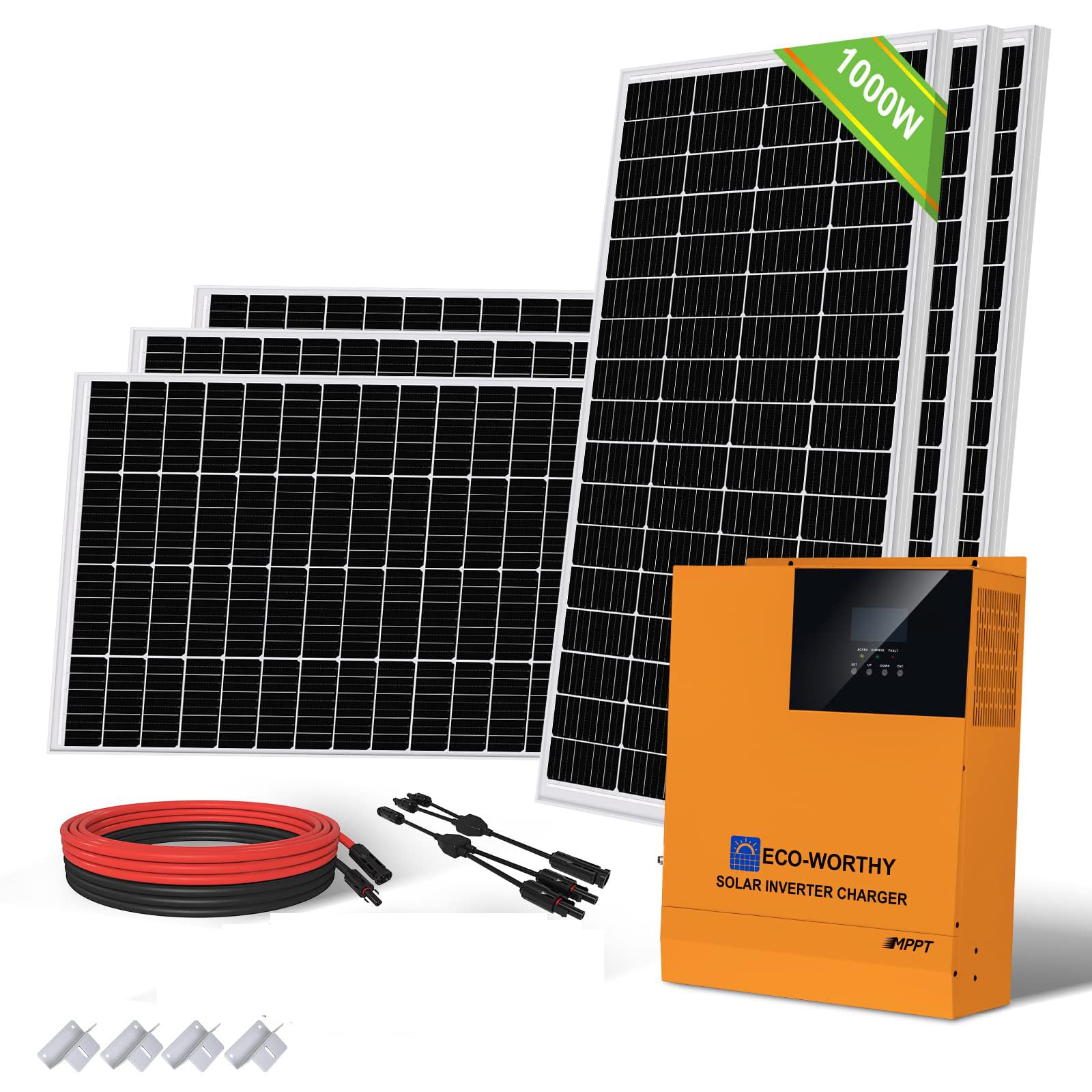 ECO-WORTHY 4 kW·h/Tag Solarpanel System Stromversorgung für Netzunabhängige Haushalte 1000W 24V: 6 Stücke 170W Monokristallines Solarmodul + 3000W 24V-220V All-in-One-Maschine Invertersteuerung von ECO-WORTHY