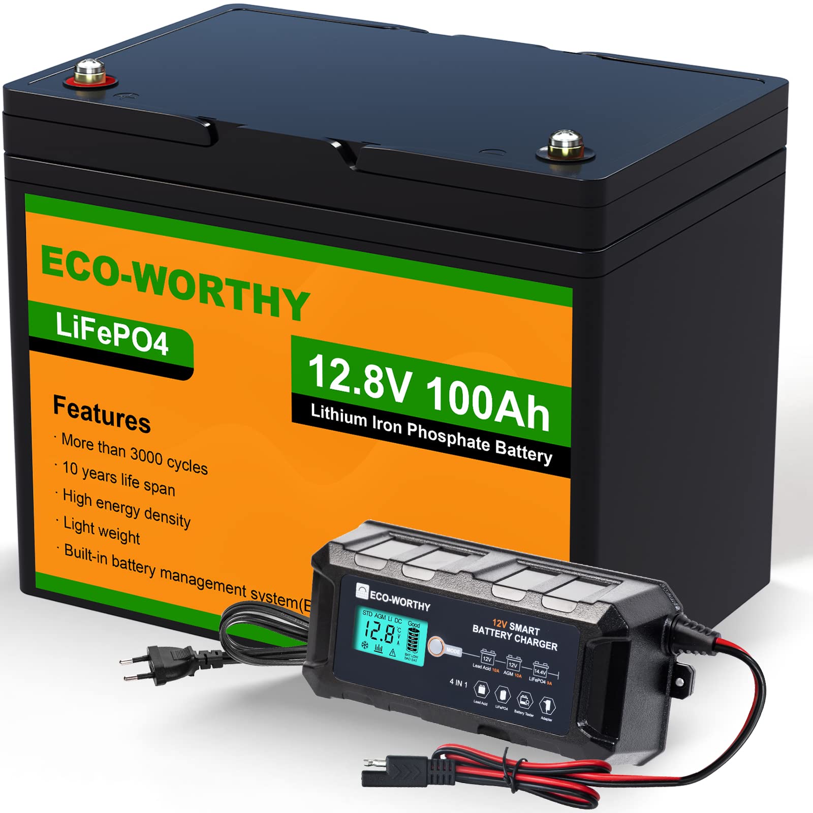 ECO-WORTHY LiFePO4 100Ah 12V Batterie mit 10A Ladegeräte für Autobatterien,Lithiumbatterie 12V mit über 3000 Mal Tiefzyklen und BMS Schutz für Solaranlage, Wohnmobil,Solarpanel und Camping von ECO-WORTHY