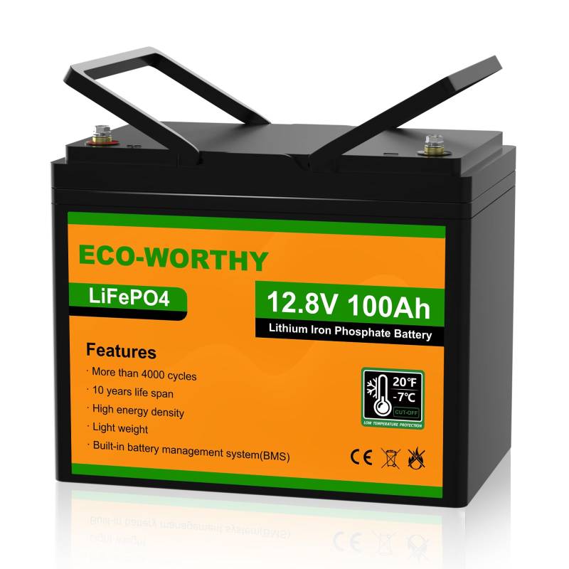 ECO-WORTHY LiFePO4 100Ah 12V Batterie mit BMS Low Temperature Schutz und 4000-15000 Zyklen, 1280Wh Lithiumbatterie für Wohnmobil,Solaranlage, Boot, Haushalt, Solarpanel Kit,Camping von ECO-WORTHY