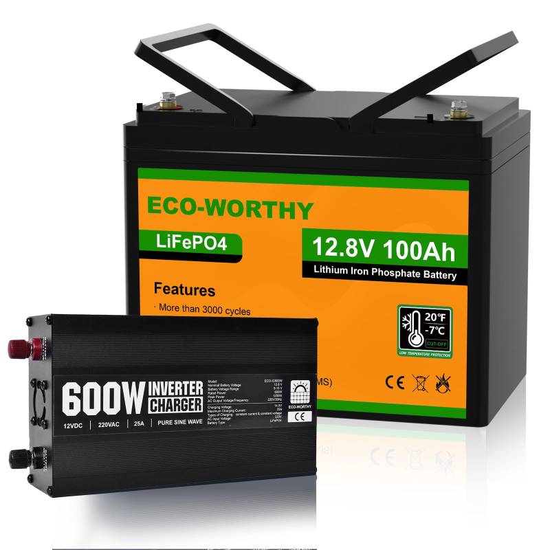 ECO-WORTHY LiFePO4 100Ah 12V Batterie und 600W Wechselrichter Ladegerät mit BMS Low Temperature Schutz, 1280Wh Lithiumbatterie für Wohnmobil,Solaranlage, Boot, Haushalt, Solarpanel Kit,Camping von ECO-WORTHY