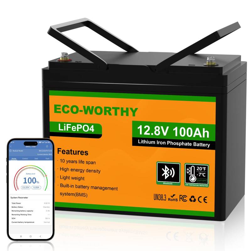 ECO-WORTHY LiFePO4 100Ah Bluetooth, Lithium Batterie 12V 100ah mit BMS Low Temperature Schutz und Max. 15000 Zyklens,1280Wh Autobatterie für Wohnmobil,Boot,Solarpanel von ECO-WORTHY