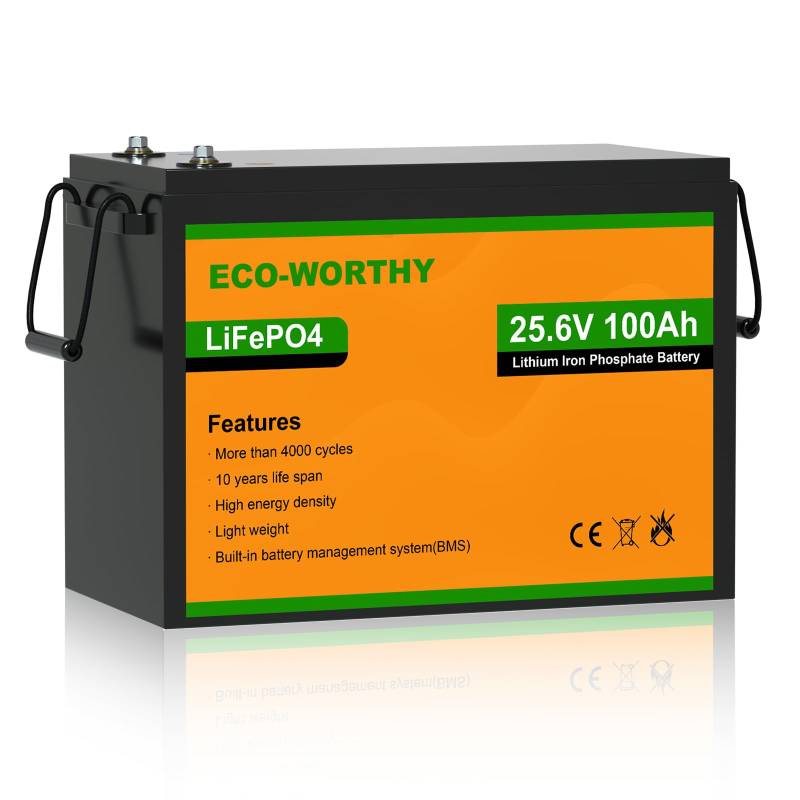 ECO-WORTHY LiFePO4 24V 100Ah Akku,Lithiumbatterie 24V 100Ah mit BMS Schutz und 4000-15000 Zyklen LiFePO4 für Wohnmobil,Camping,Solaranlage, Boot, Solarpanel,Haushalt von ECO-WORTHY