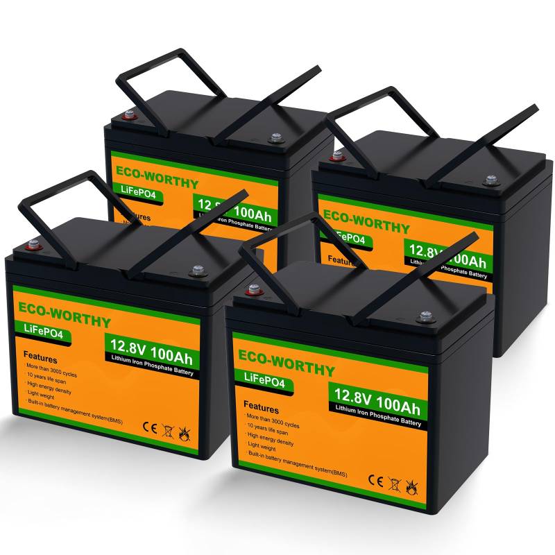 ECO-WORTHY LiFePO4 Akku 12V 400Ah (4 Packungen LiFePO4 100 Ah),Lithium Batterie 12V mit 3000-15000 Tiefzyklen und BMS Schutz für Wohnmobil, Camping, Solaranlage, Solarpanel Kit und Boot von ECO-WORTHY