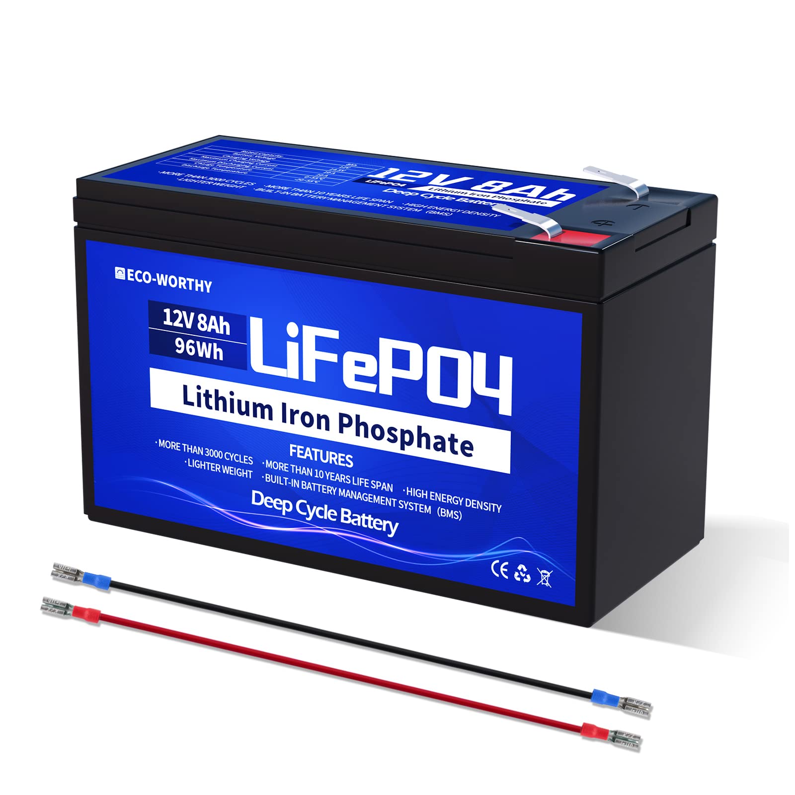 ECO-WORTHY LiFePO4-Batterie, 12 V, 8 Ah, 4000+ Zyklen, Lithium-Tiefzyklenbatterie mit 8 A BMS, für Solar-, Fischfinder, Power-Räder, Beleuchtung, Alarmanlage von ECO-WORTHY