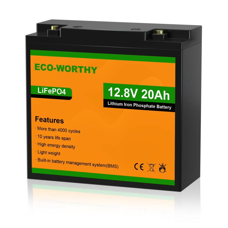 ECO-WORTHY LiFePO4 Batterie 12V 20Ah mit BMS Schutz und Max. 15000 Zyklen,256Wh Lithiumbatterie 12V 20Ah für Trolling-Motor,Boot,Wohnmobile von ECO-WORTHY