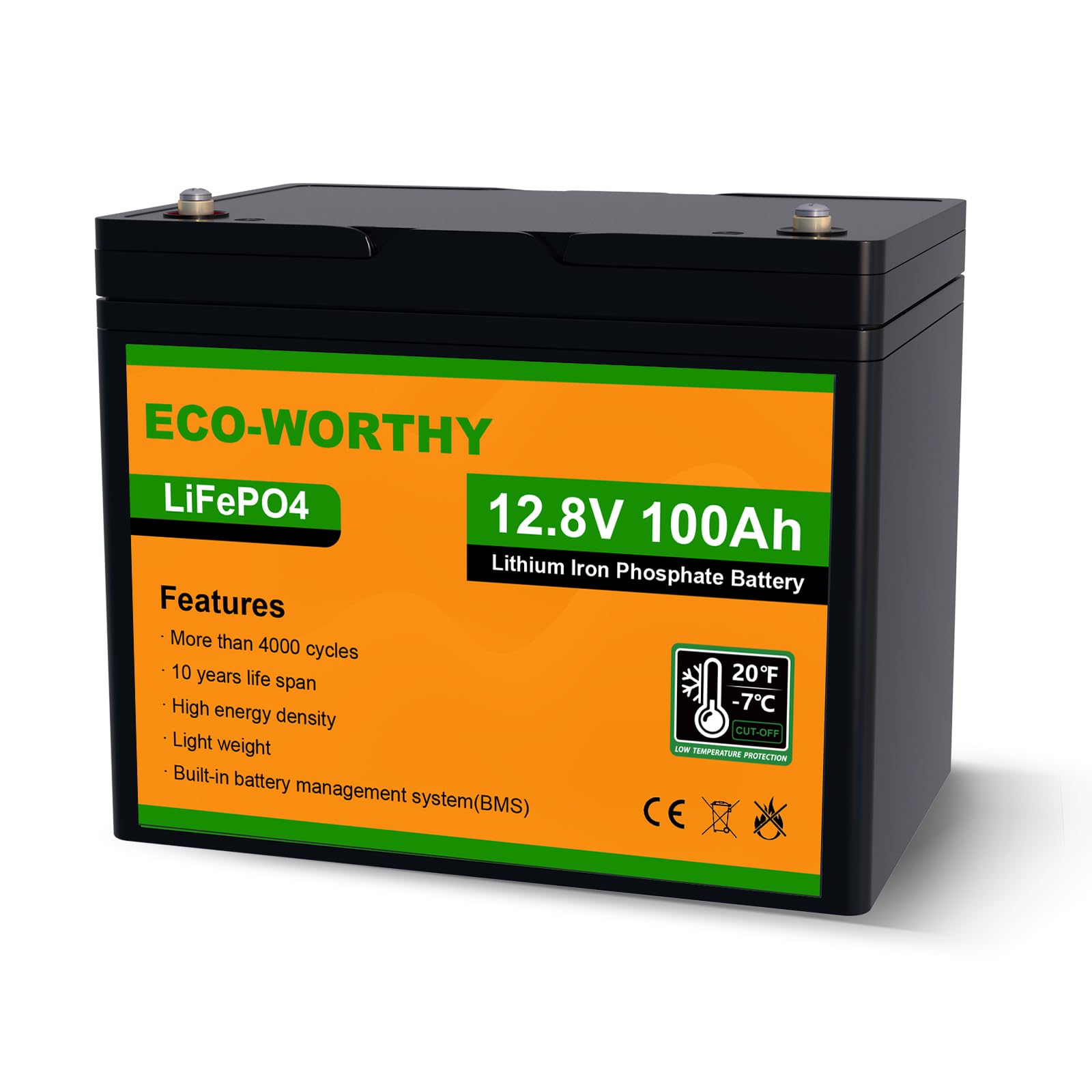 ECO-WORTHY Lithium Batterie 12v 100ah mit BMS Low Temperature Schutz und Max.15000 Zyklen, 1280Wh LiFePO4 100Ah 12V Autobatterie für Wohnmobil,Wohnwagen von ECO-WORTHY