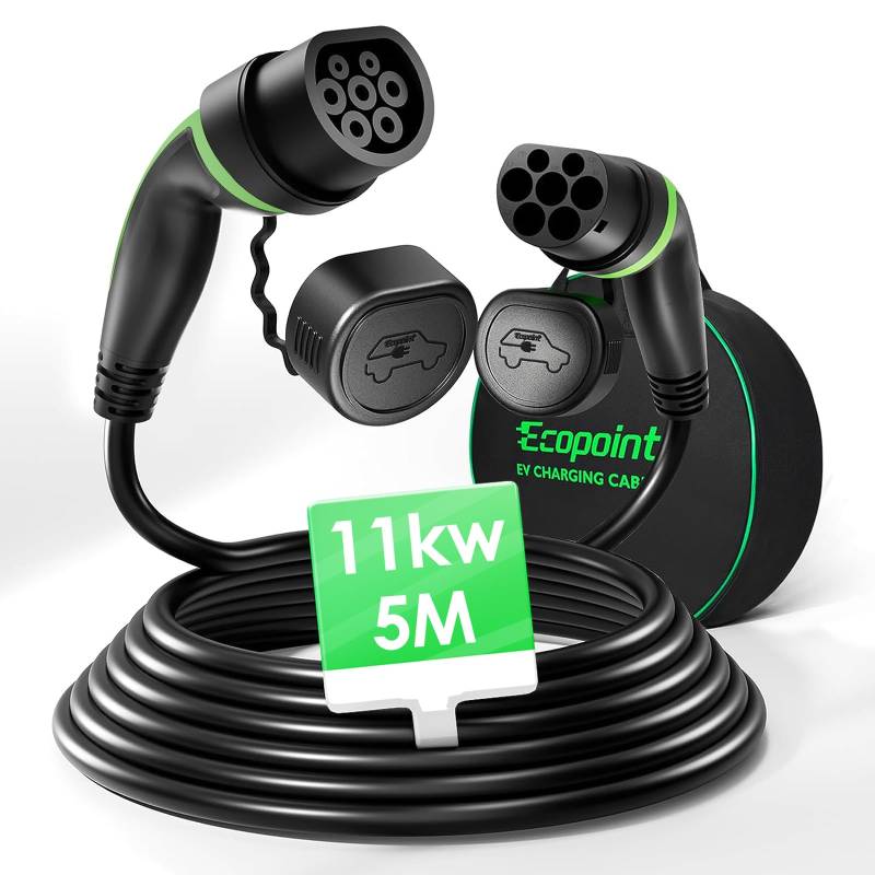 ECOPOINT Typ 2 Ladekabel 11kW 5M, E Auto Ladekabel 3 Phasig 16A für EV PHEV mit Tragetasche, Typ 2 auf Typ 2, Mennekes Mode 3 Kabel Kompatibel mit Model 3/S/X/Y i3 ID.3 ID.4 E-Tron IONIQ 5 von ECOPOINT