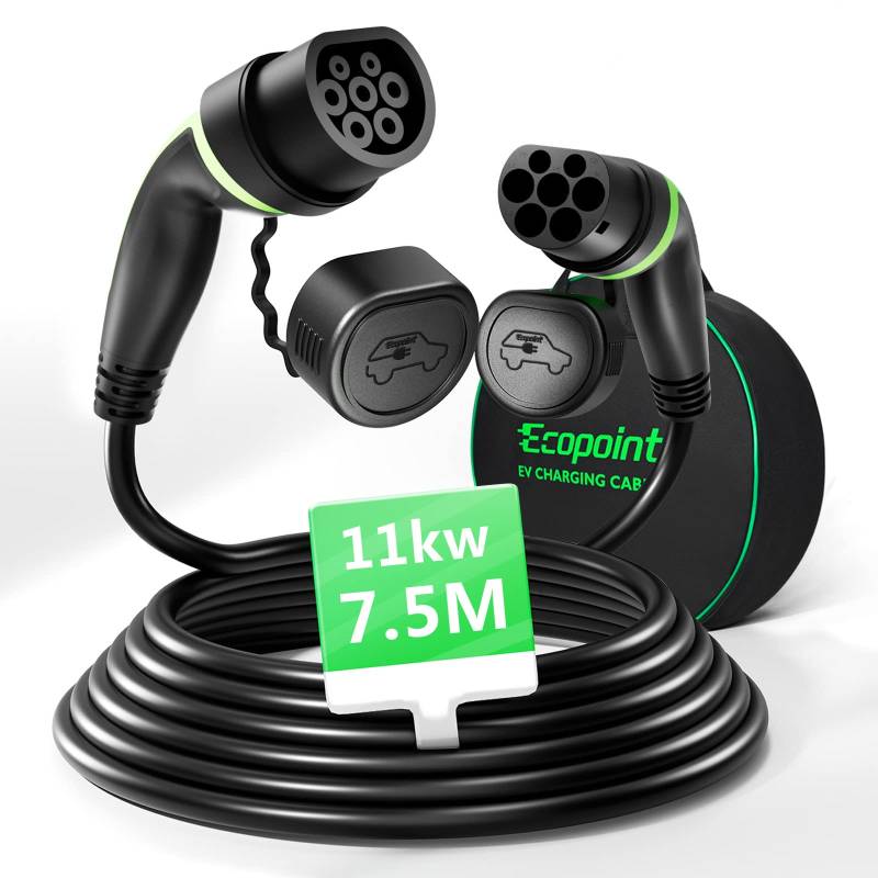 ECOPOINT Typ 2 Ladekabel 11kW 7,5M,E Auto Ladekabel 3 Phasig 16A für EV Elektroautos PHEV mit Tragetasche, Typ 2 auf Typ 2, Mennekes Mode 3 Ladekabel Typ 2 Kompatibel mit Model 3/S/X/Y i3 ID.3 ID.4 von ECOPOINT