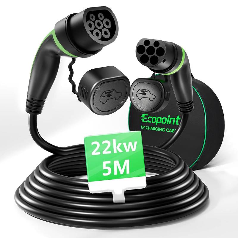 ECOPOINT Typ 2 Ladekabel 22kW 5M, E Auto Ladekabel 3 Phasig 32A für EV Elektroautos PHEV mit Tragetasche, Typ 2 auf Typ 2, Mennekes Mode 3 Ladekabel Typ 2 Kompatibel mit Model 3/S/X/Y i3 ID.3 ID.4 von ECOPOINT