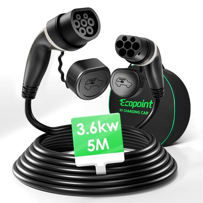 ECOPOINT Typ 2 Ladekabel 3,6kW 5M 16A Grau, E Auto Ladekabel 1 Phasig für EV/PHEV, Typ 2 auf Typ 2, Mennekes Mode 3 CCS2 Kabel mit Tragetasche, IP54 von ECOPOINT