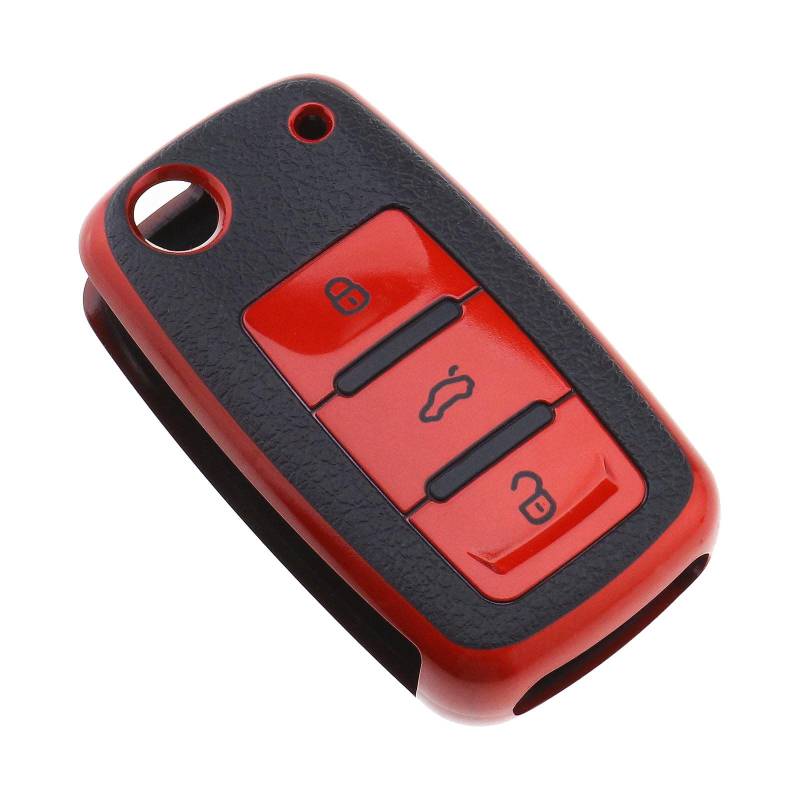 ECSiNG TPU 3 Tasten Auto Smart Fernbedienung Schlüsselhülle Shell Cover Protector Skin Jacket kompatibel mit Seat Skoda Flip Klappschlüssel Rot Auto Innenzubehör von ECSiNG