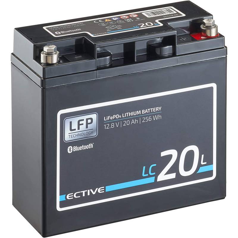 ECTIVE LiFePO4 Batterie LC20L BT - 12V, 20Ah, 256Wh, Bluetooth inklusive App - Lithium-Eisenphosphat Versorgungsbatterie, Bootsbatterie, Solarbatterie für Wohnwagen, Wohnmobil, Camper von ECTIVE