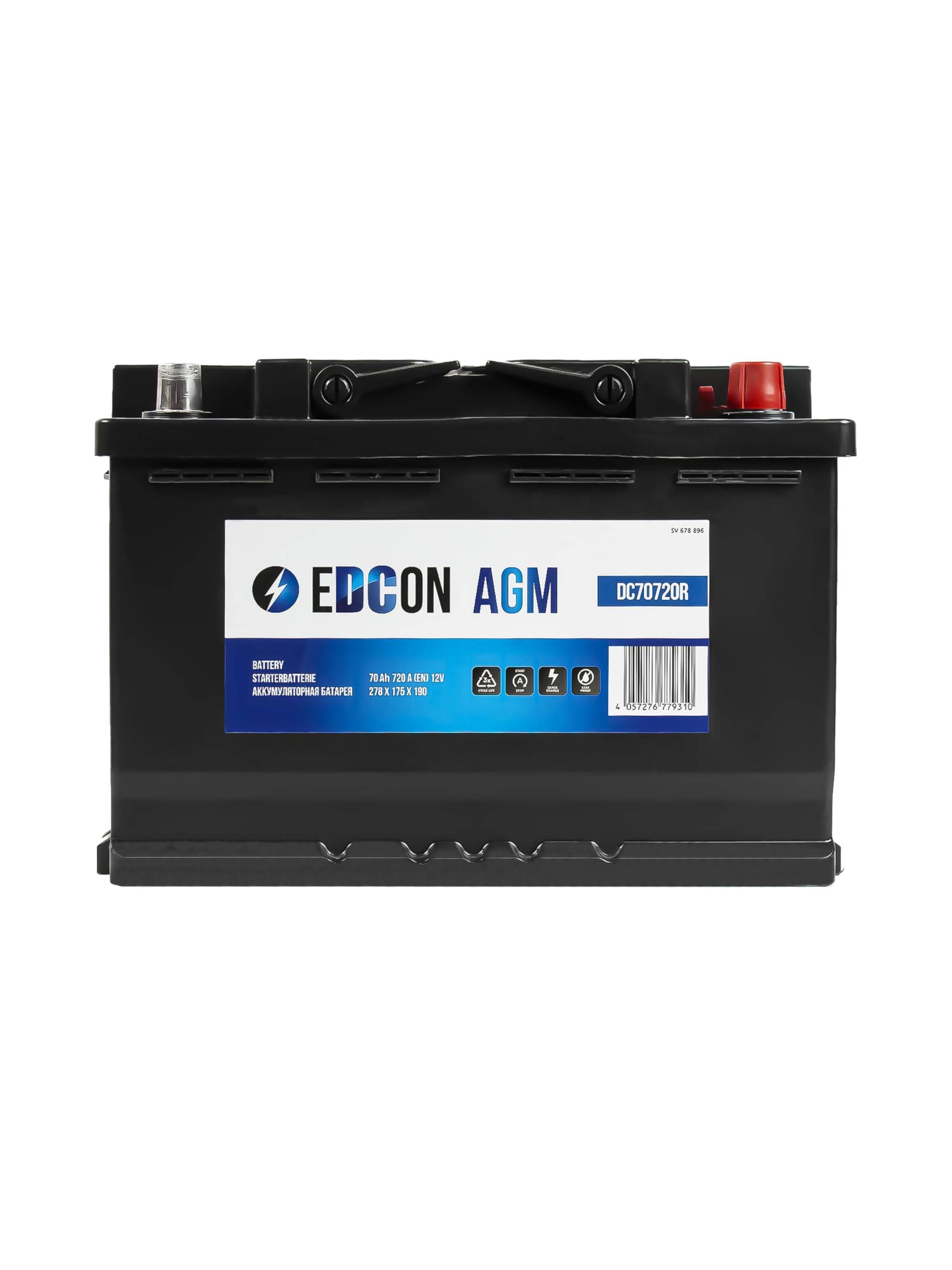 EDCON DC70720R Autobatterie 12V – 70Ah – 720A – Start-Stop Starterbatterie – Bleisäure AGM von EDCON