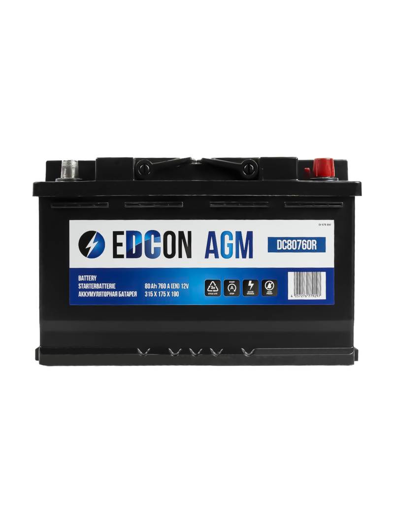 EDCON DC80760R Autobatterie 12V – 80Ah – 760A – Start-Stop Starterbatterie – Bleisäure AGM von EDCON