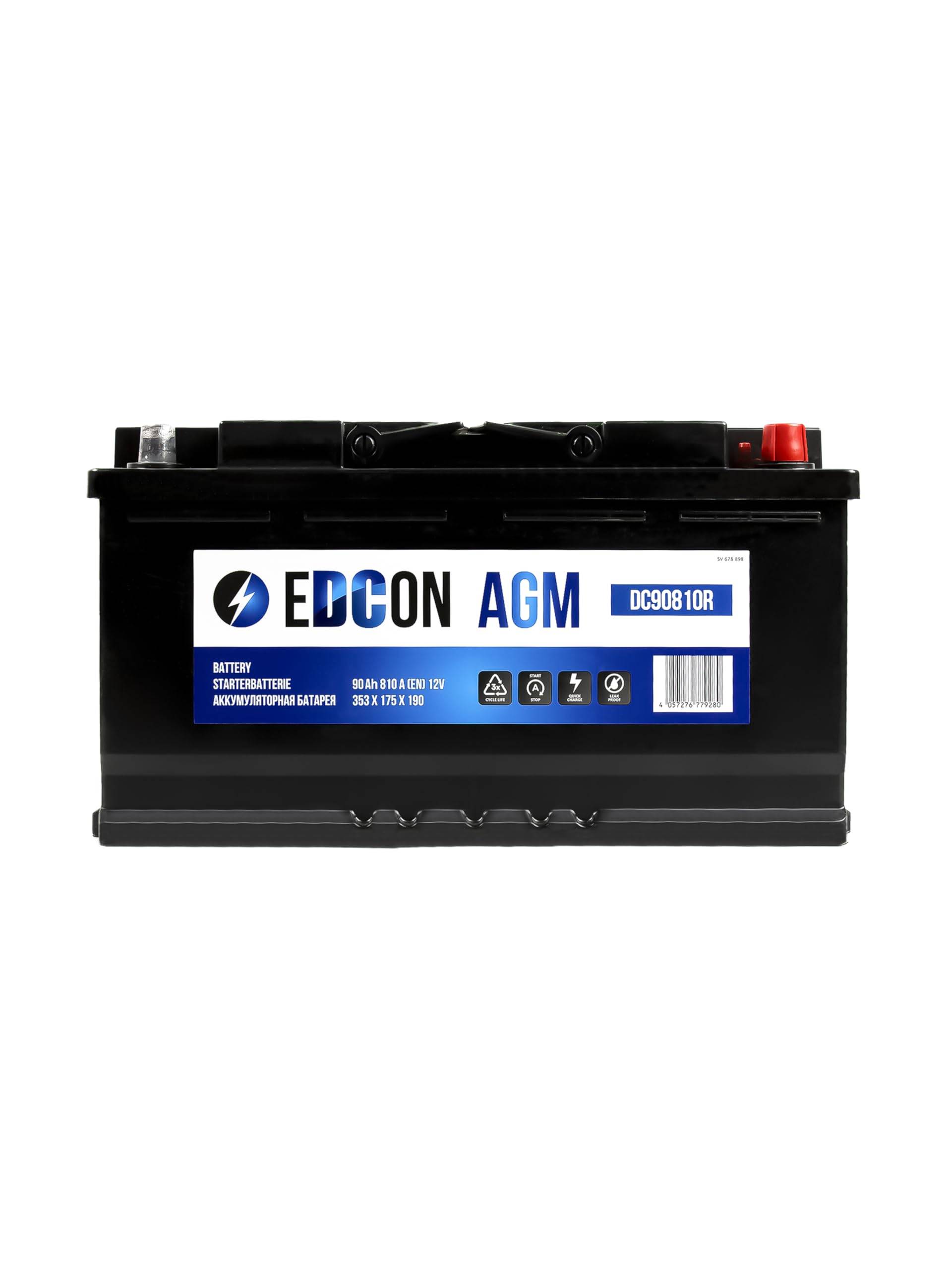 EDCON DC90810R Autobatterie 12V – 90Ah – 810A – Start-Stop Starterbatterie – Bleisäure AGM von EDCON