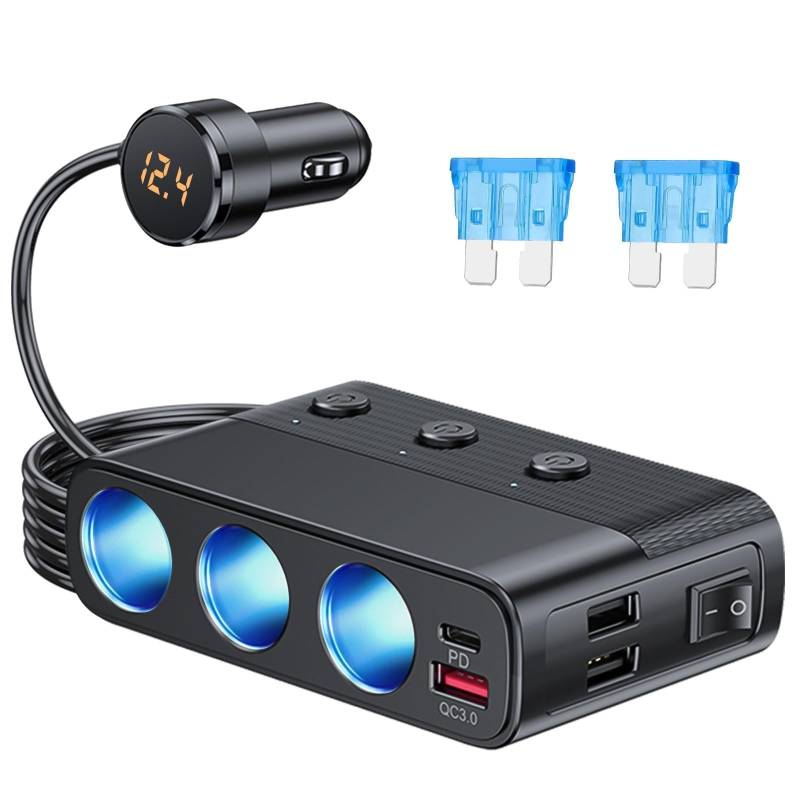 EEEKit Zigarettenanzünder-Splitter, 3 Steckdosen mit PD-Anschluss, QC3.0 & Dual 3.4A USB A, LED-Voltmeter & Schalter für Geräte im Auto von EEEKit