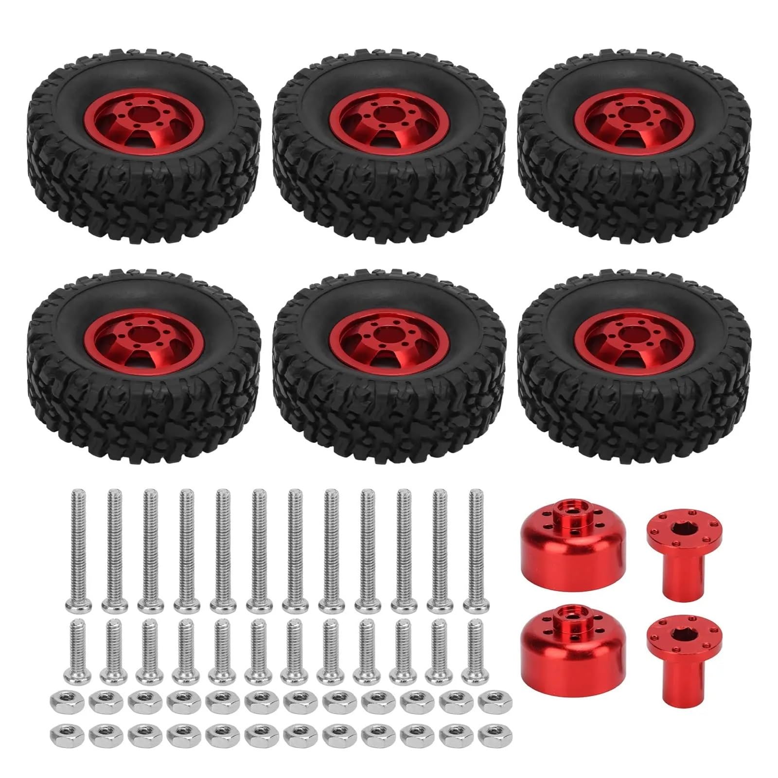 RC-Car-Reifen und Räder, Aluminiumlegierung + Gummi, 6 Stück Reifen und 4 Stück Räder, Zubehör for WPL C14 C24 C34 C44 B14 B24 B16 B36(Rood) von EEQANAO