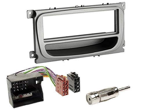 1 Din Radio Einbauset Blende Radioanschlusskabel Antennenadapter für Ford Focus (DA3) 2007-2010 Silber von EHO