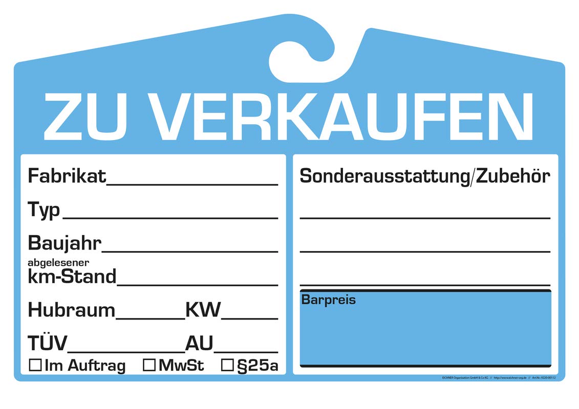 25x KFZ-Verkaufsschild zur Befestigung am Innenspiegel (blau, analoge Anzeige) von EICHNER