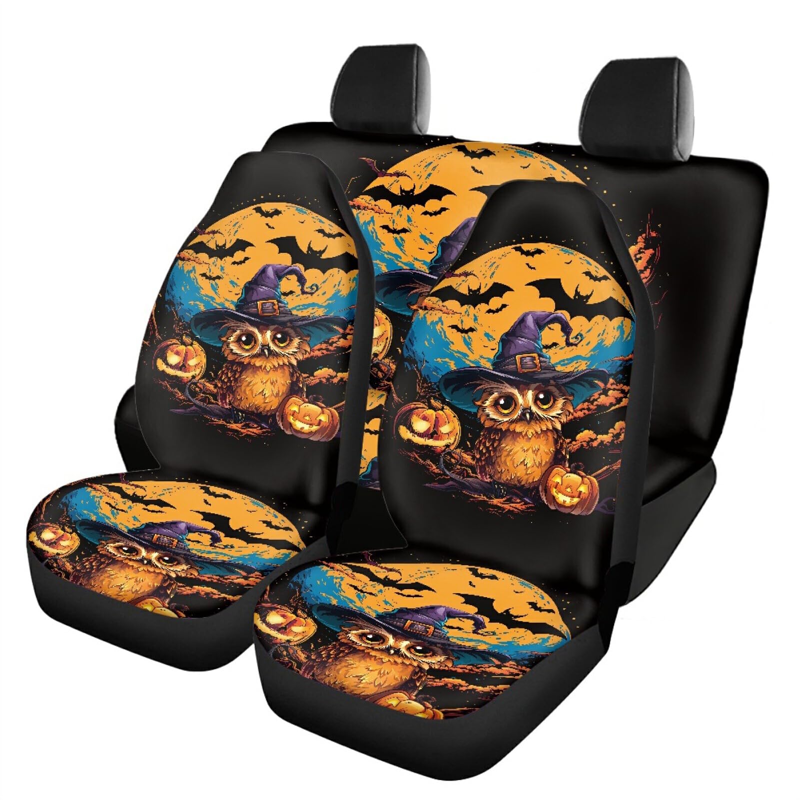 EIOLWJIEO Autositzbezüge mit Halloween Motiv, schwarze Katze und Kürbis, Sitzbezüge Set, Sitzschutz, Autositzbezug, langlebig, atmungsaktiv, Eulenhut Stil von EIOLWJIEO