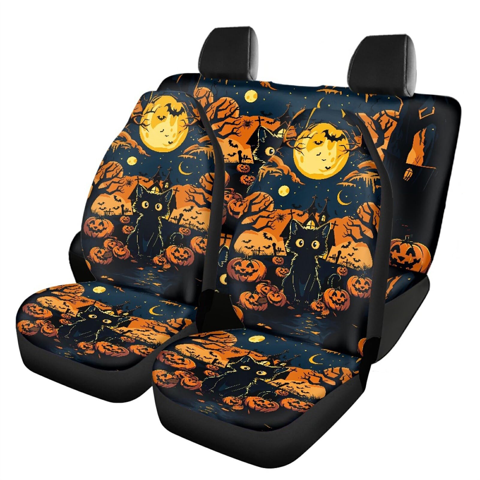 EIOLWJIEO Autositzbezüge mit Halloween Motiv, schwarze Katze und Kürbis, Sitzbezüge Set, Sitzschutz, Autositzbezug, langlebig, atmungsaktiv, Katze ohne Hut von EIOLWJIEO