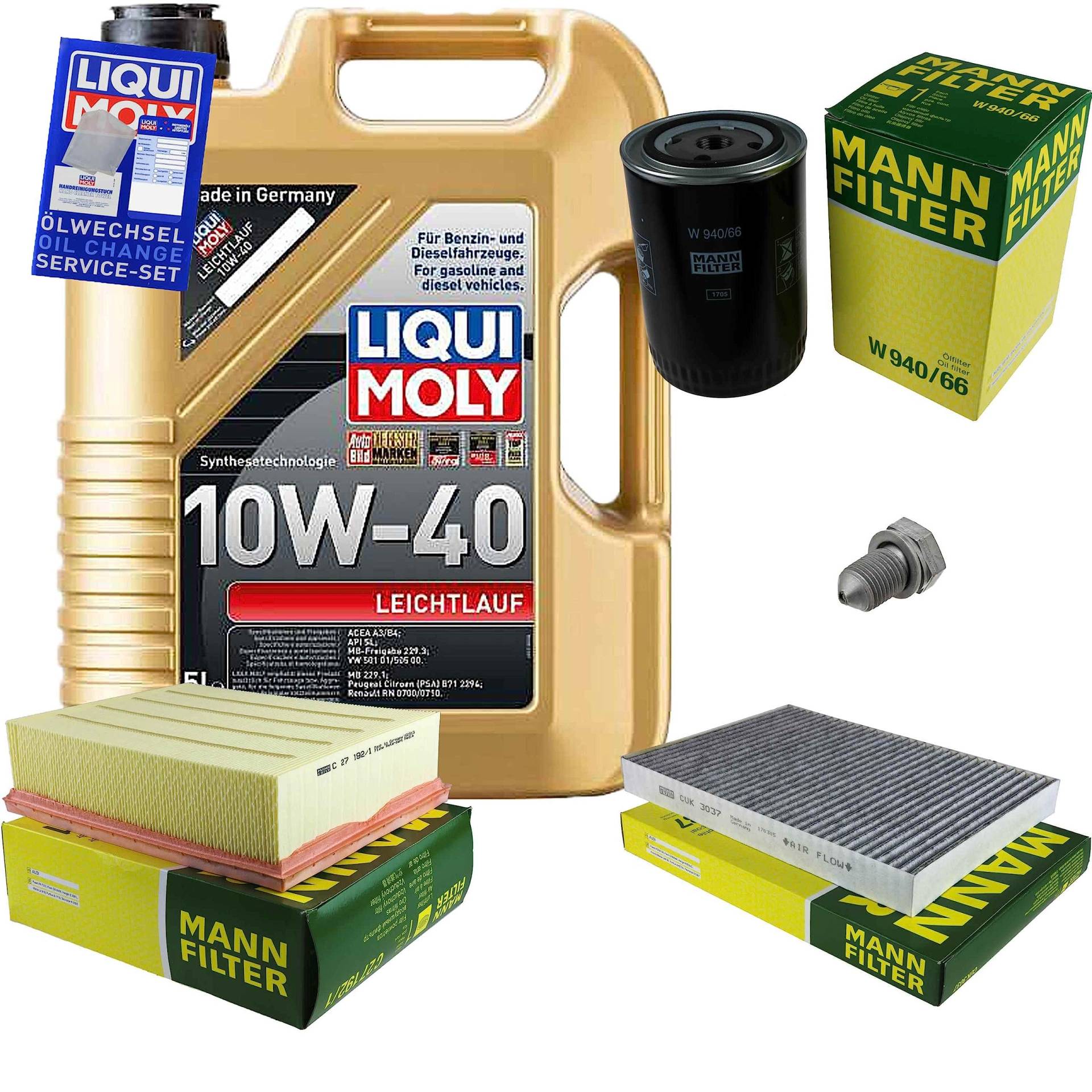 EISENFELS Filter Set Inspektionspaket erstellt mit 5 L Motoröl Liqui Moly 10W-40 Leichtlauf, MANN-FILTER Ölfilter, Luftfilter, Innenraumfilter, Verschlussschraube von EISENFELS