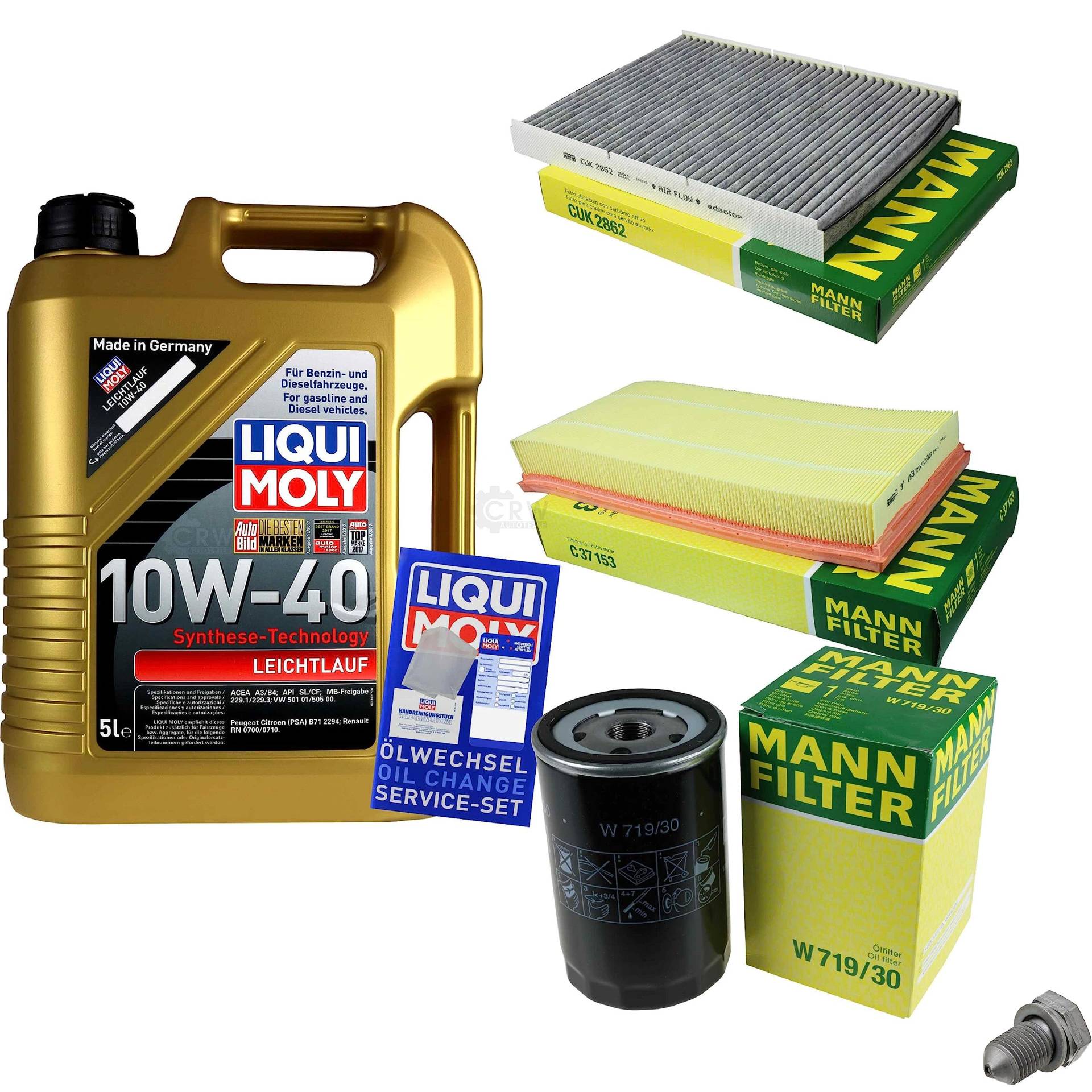 EISENFELS Filter Set Inspektionspaket erstellt mit 5 L Motoröl Liqui Moly 10W-40 Leichtlauf, MANN-FILTER Ölfilter, Luftfilter, Innenraumfilter, Verschlussschraube von EISENFELS