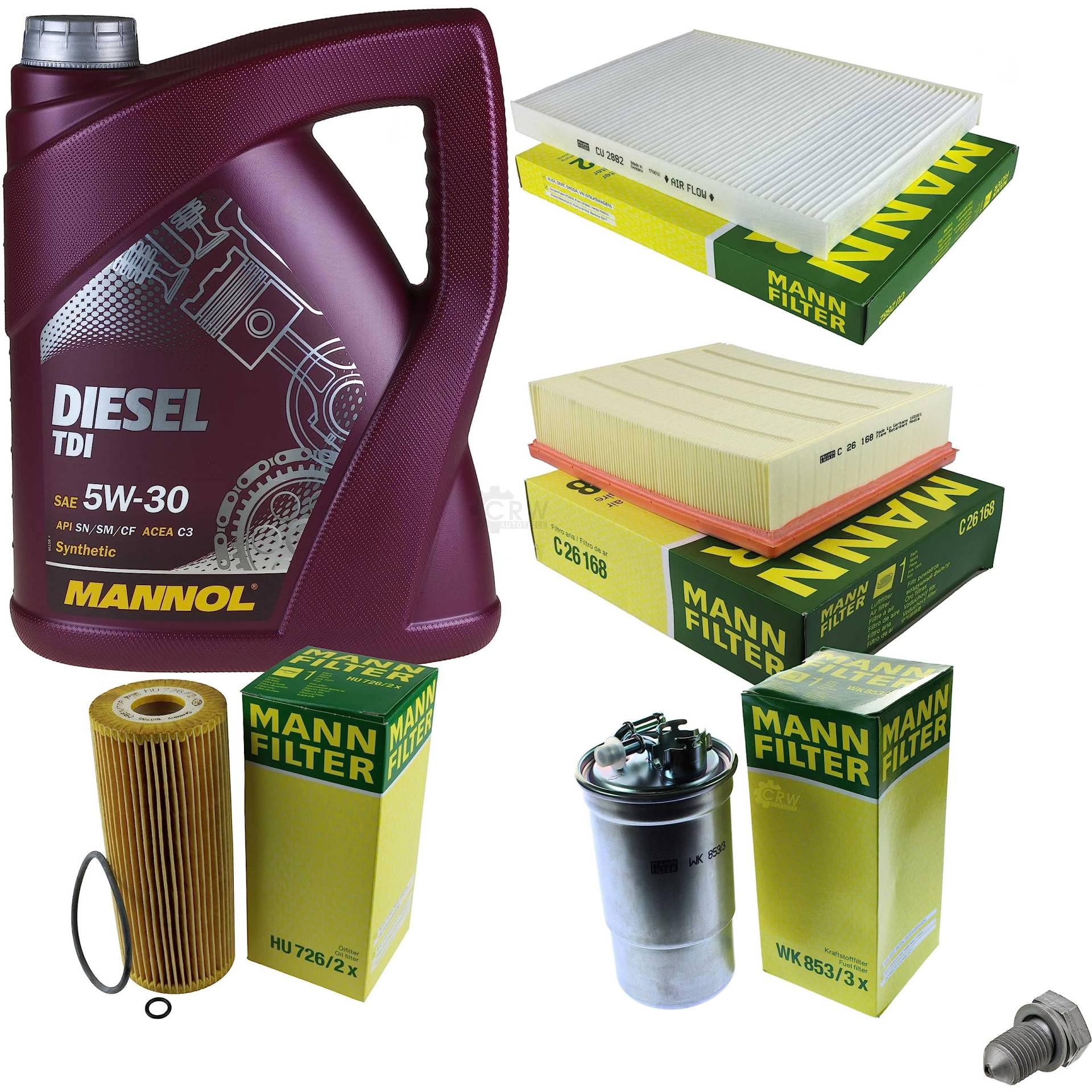 EISENFELS Filter Set Inspektionspaket erstellt mit 5 L Motoröl MANNOL Diesel TDI 5W-30, MANN-FILTER Ölfilter, Luftfilter, Innenraumfilter, Kraftstofffilter, Verschlussschraube von EISENFELS