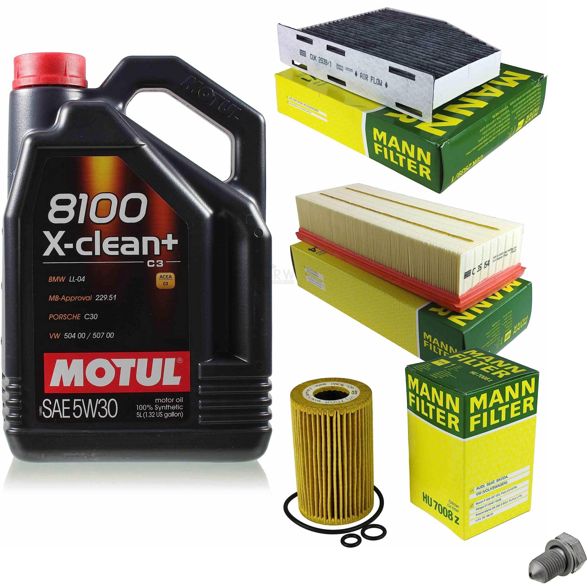 EISENFELS Filter Set Inspektionspaket erstellt mit 5L Motoröl Motul 8100 X-clean+ 5W-30, MANN-FILTER Ölfilter, Luftfilter, Innenraumfilter, Verschlussschraube von EISENFELS