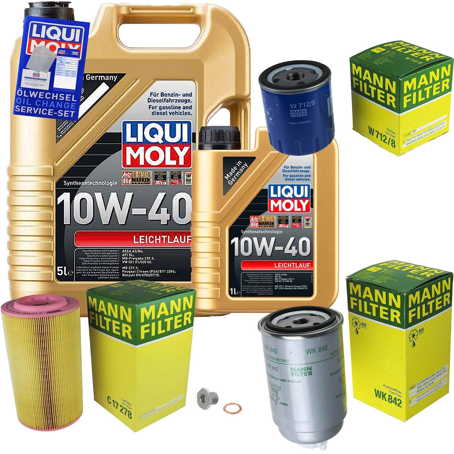 EISENFELS Filter Set Inspektionspaket erstellt mit 6 L Motoröl Liqui Moly 10W-40 Leichtlauf, MANN-FILTER Ölfilter, Luftfilter, Kraftstofffilter, Verschlussschraube von EISENFELS