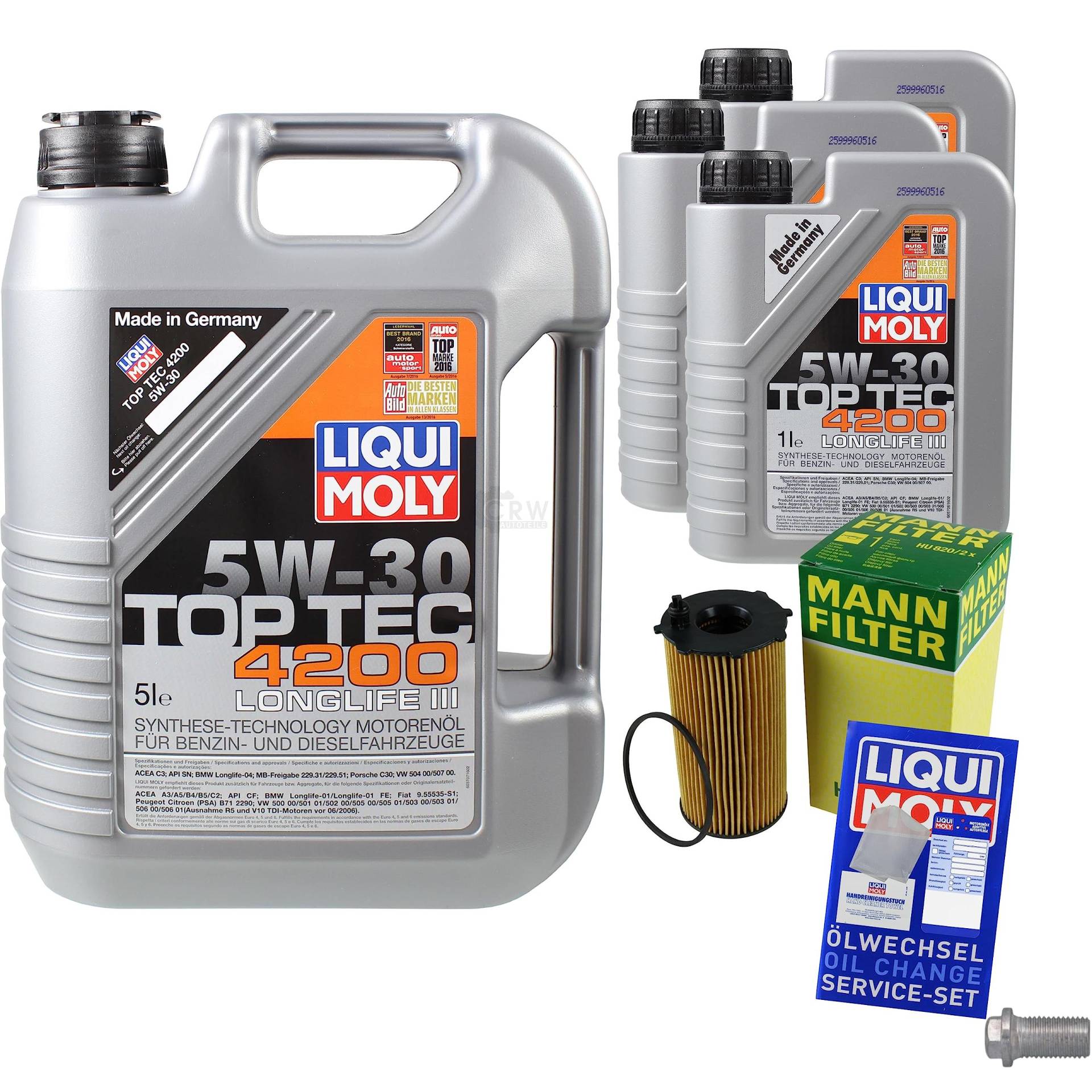 EISENFELS Filter Set Inspektionspaket erstellt mit 8 L Motoröl Liqui Moly 5W-30 Top Tec 4200, MANN-FILTER Ölfilter, Verschlussschraube von EISENFELS