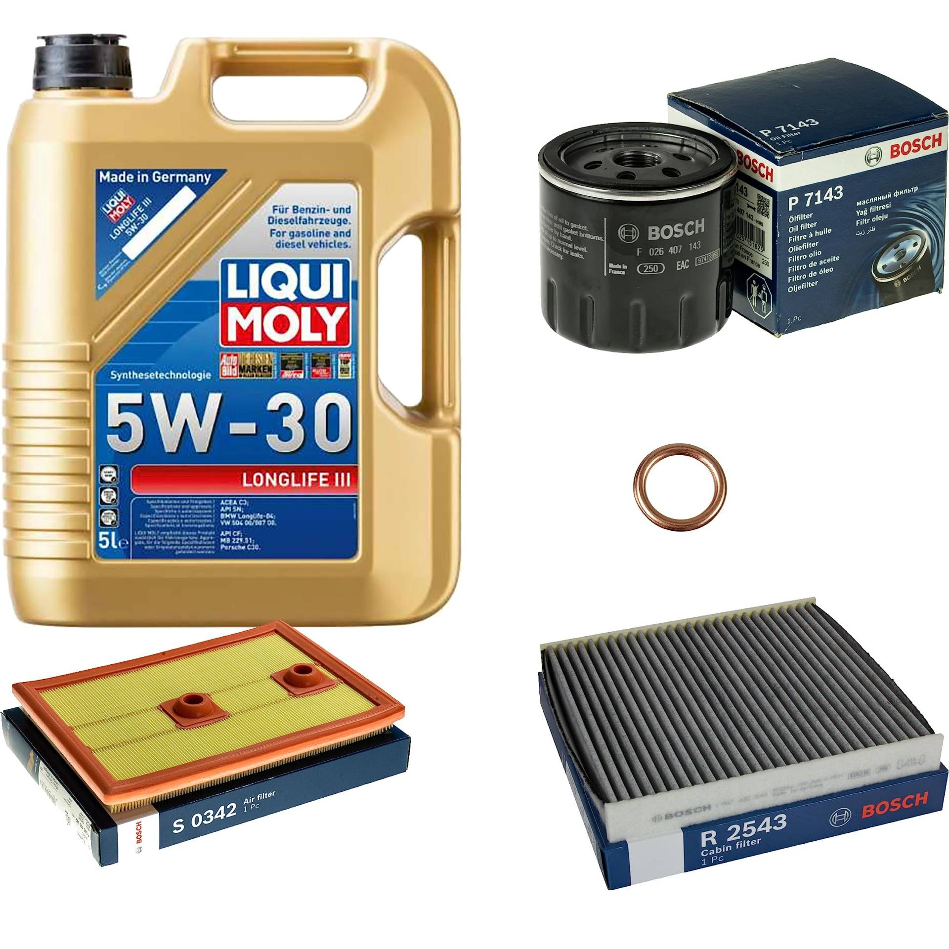 Inspektionspaket Wartungspaket Filterset mit 5 L Motoröl Longlife 3 5W-30, Ölfilter, Luftfilter, Innenraumfilter (Aktivkohle), Dichtring von EISENFELS