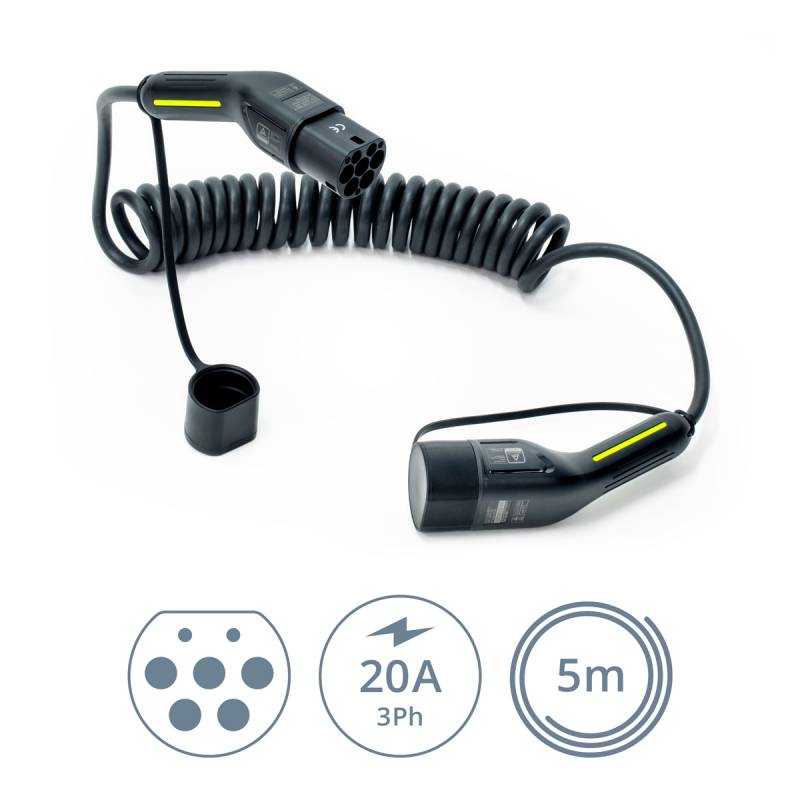 Ladekabel Typ2 | 11kW | 20A | 3-phasig | Mode 3 | spiral | black Edition von ELECTRIC-WAYS