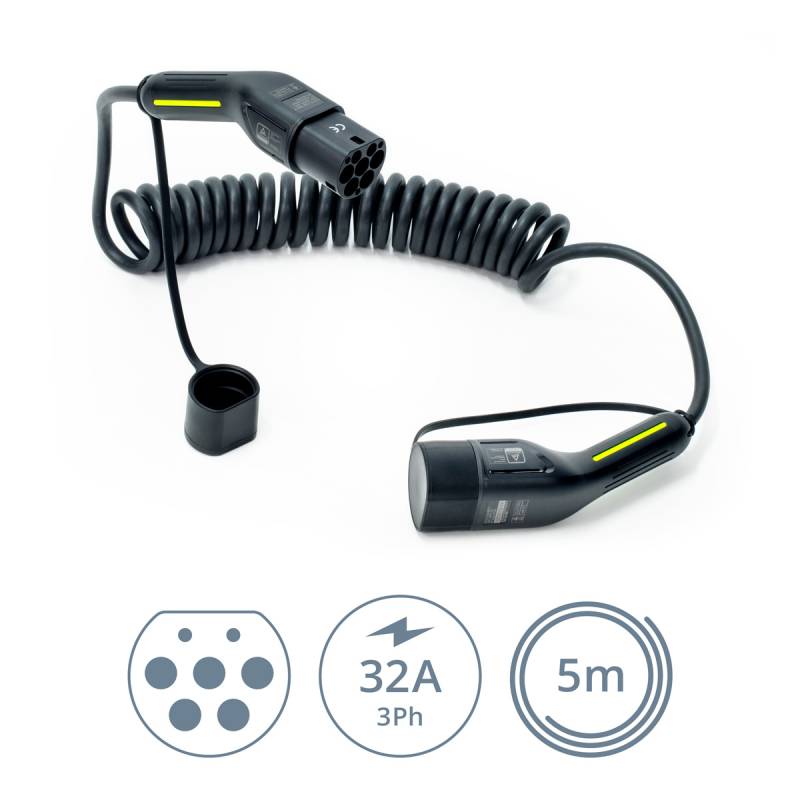 Ladekabel Typ2 | 22kW | 32A | 3-phasig | Mode 3 | spiral | black Edition von ELECTRIC-WAYS