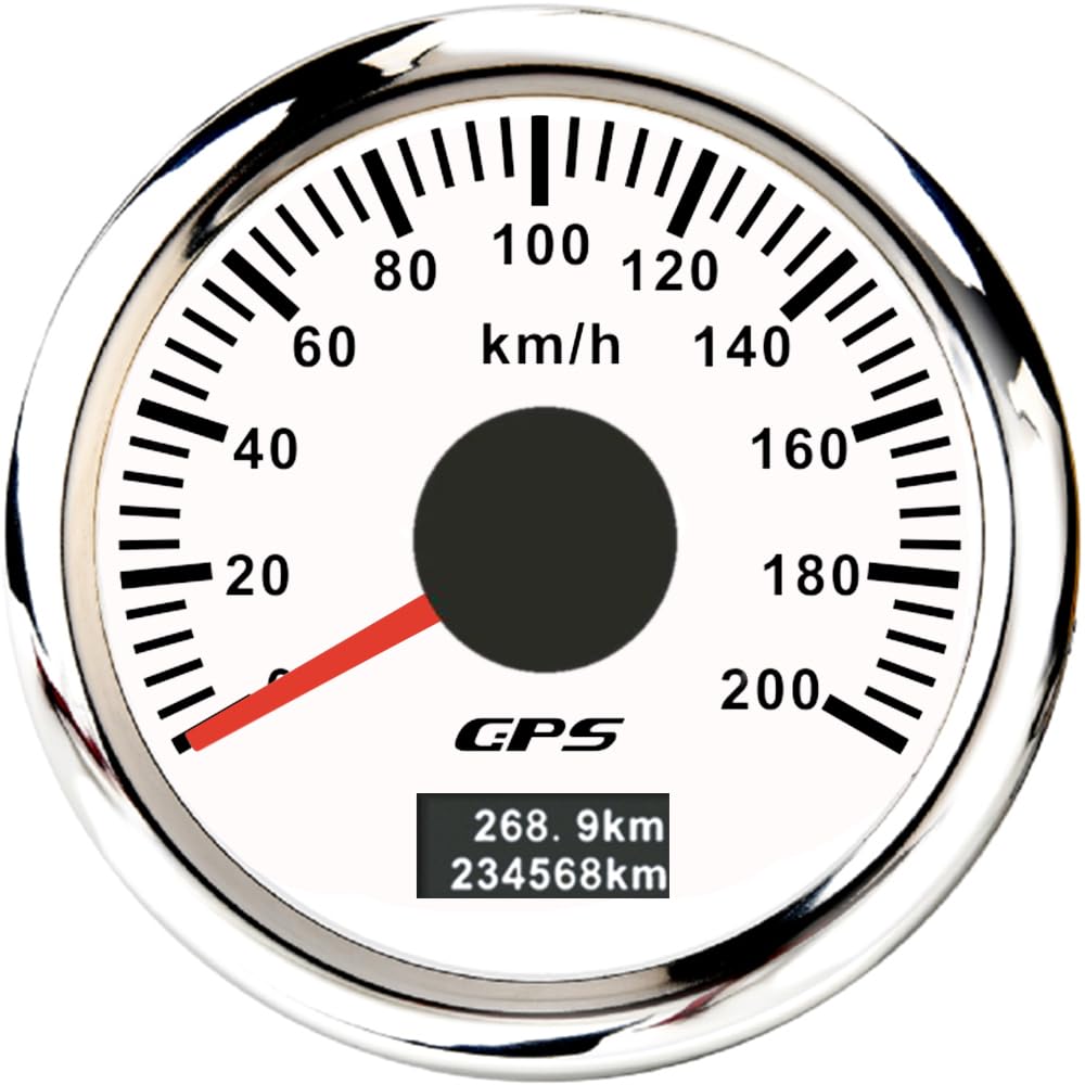 ELING 52 mm GPS-Tachometer 0–200 km/h Geschwindigkeitsmesser mit 7 Farben Hintergrundbeleuchtung für Auto Wohnmobil SUV (weiß+edelstahl, 0-200KM/H) von ELING