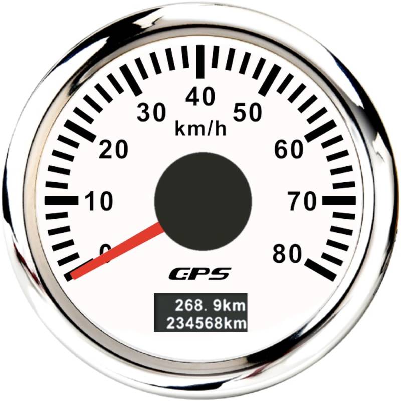 ELING 52 mm GPS-Tachometer 0–80 km/h Kilometerzähler mit 7 Farben Hintergrundbeleuchtung 12 V 24 V für Traktoren Schiffe (weiß+edelstahl, 0-80KM/H) von ELING